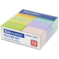 Ластики BRAUBERG "Pastel Soft" НАБОР 12 шт., размер ластика 31х20х10 мм, экологичный ПВХ, 229598