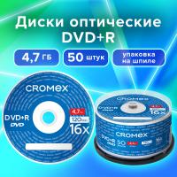 Диски DVD+R (плюс) CROMEX 4,7Gb 16x Cake Box (упаковка на шпиле), КОМПЛЕКТ 50 шт., 513775